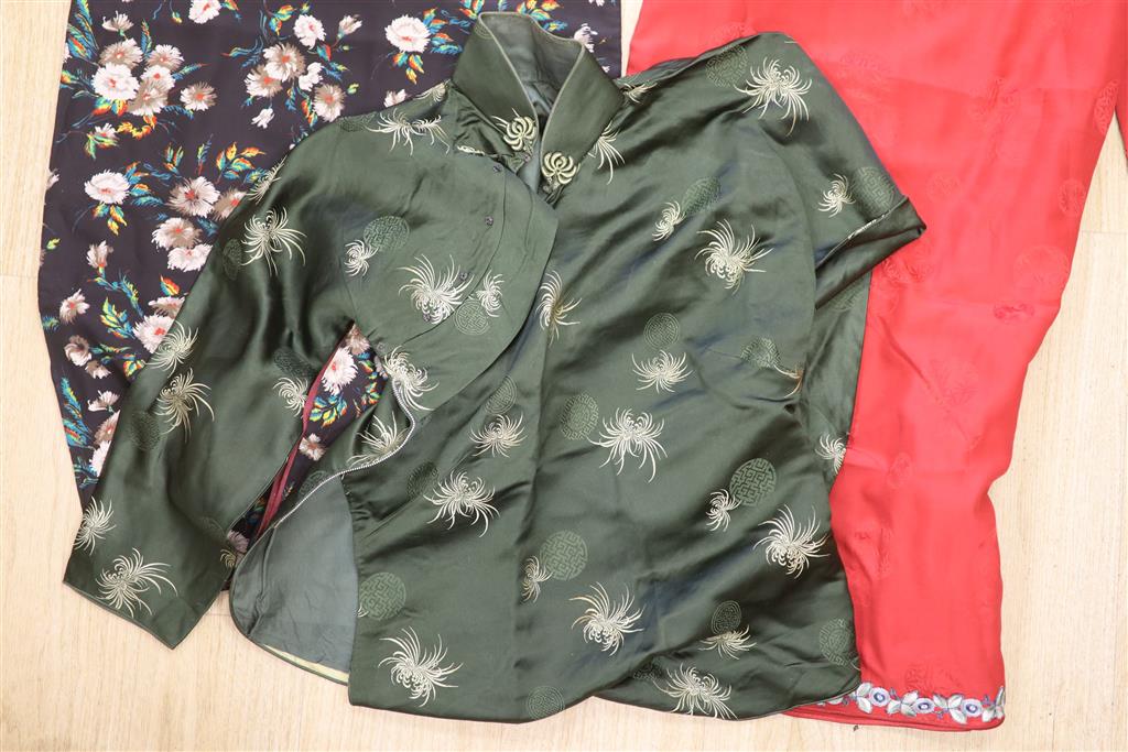 A red silk damask Chinese robe (altered), a 1950s jacket and a cotton dress